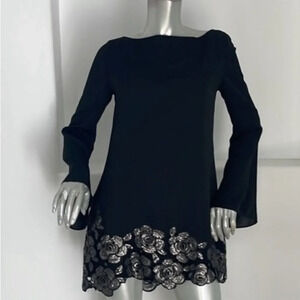 Marciano Black Crepe Shift Dress Floral Sequin Accent Hem Midi. Lined. Sz Small